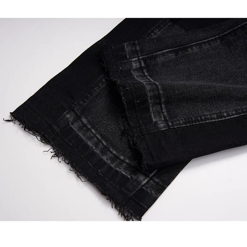 Black Micro Flare Loose Jeans Colorblock Raw Edge Bottom Tide