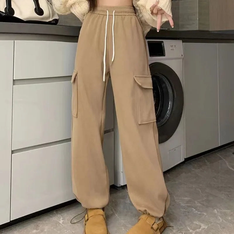 Plus Velvet Cargo Pants Women Men High Waist Drawstring Baggy Trousers Harajuku Big Pocket Oversized Pants Wide Leg Sweatpants