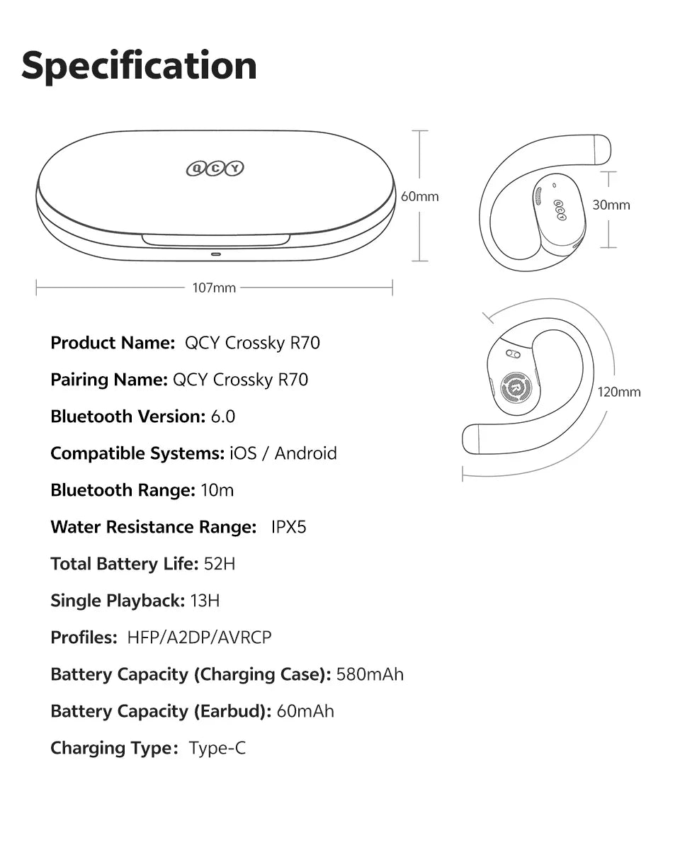 QCY Crossky R70 Open-Ear Wireless Headphones Hi-Res with LDAC OWS Earphones Bass Boost Bluetooth 6.0 Earhook Sport Earbuds 52Hrs