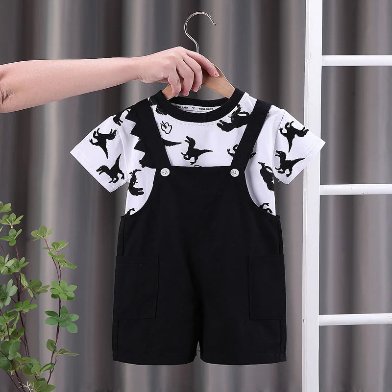 New Summer Baby Boys Clothing Toddler Fashion Infant Children Dinosaur Print Clothes Suits Solid T Shirt Overalls Pants 2Pcs/Set