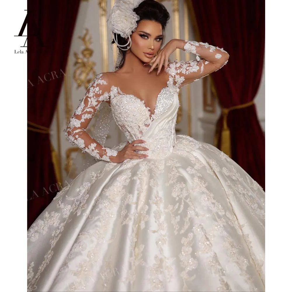 White Bridesmaid Dresses: Ball Gown Wedding Dress Long Sleeve Satin Court Train