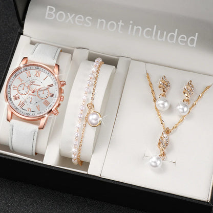 3/5PCS Women's Watch Fashion Roma Dial Leather Band Quartz Watches Pearls Jewelry Set(Without Box)