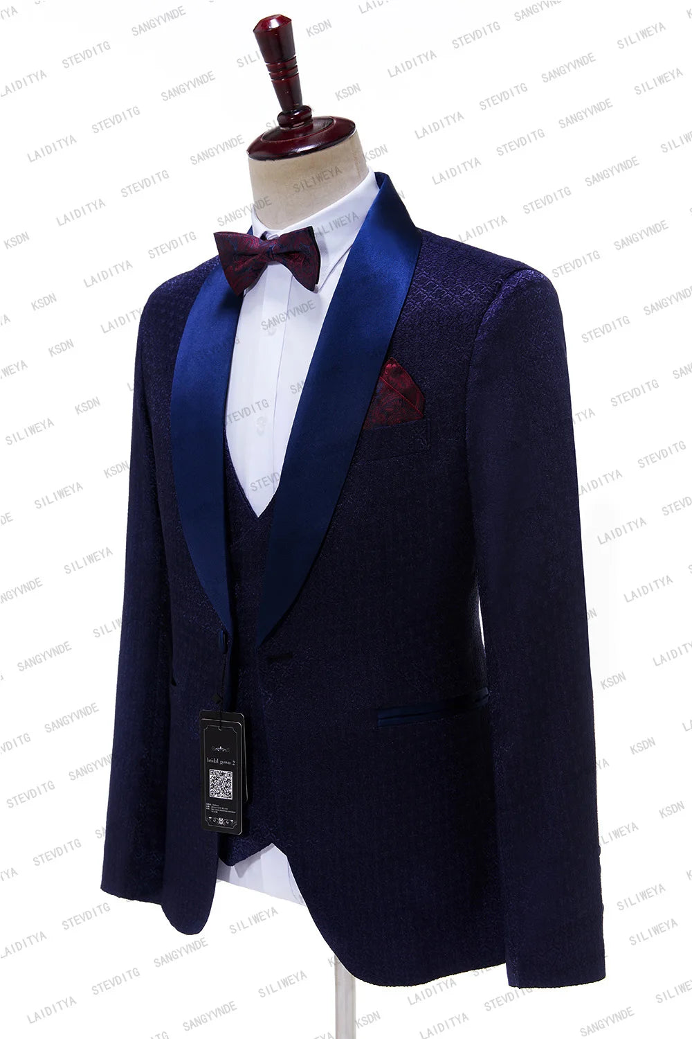 Men Suit Navy Blue Satin Shawl Lapel Suit Male Wedding Groom Slim Fit