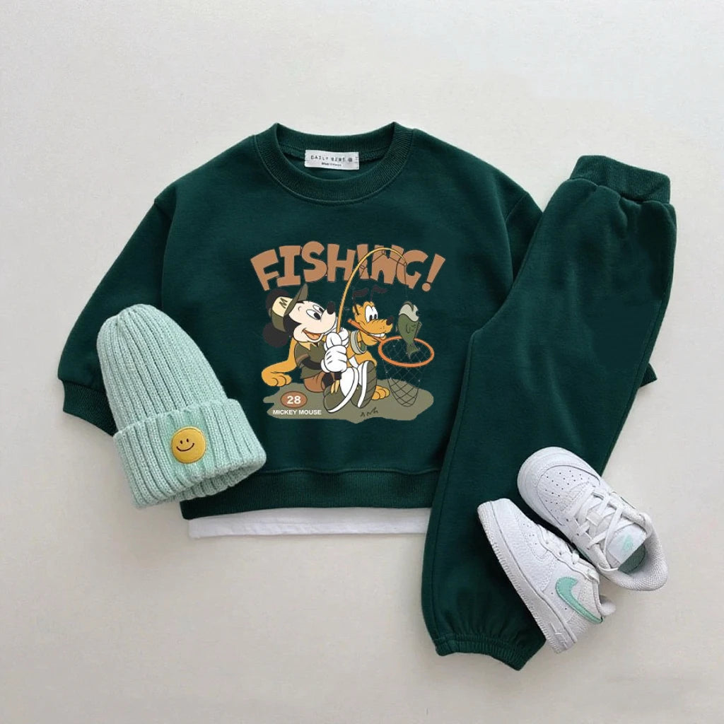 Boys Trendy Wear Long-sleeved Tracksuits Children 2026 Costume Mickey Mouse Tops Green Sweatpants New Two Piece Baby Clothing