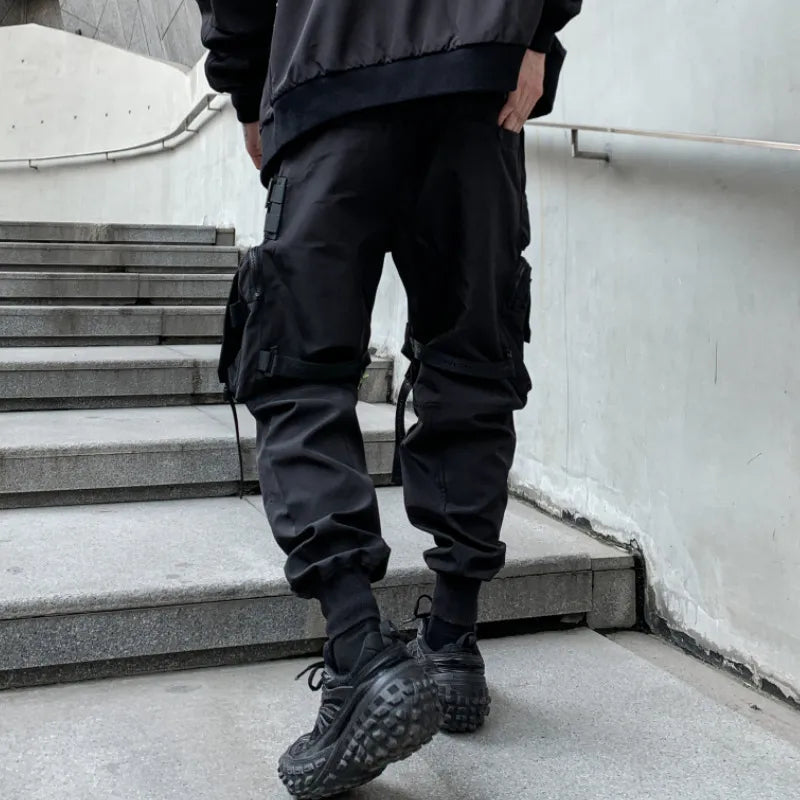 Multi-pockets Ribbons Bandage Tactical Techwear Cargo Pants Mens Harajuku