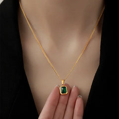 Retro Square Green Zircon Pendant Necklace For Women Titanium Steel Necklace Girls