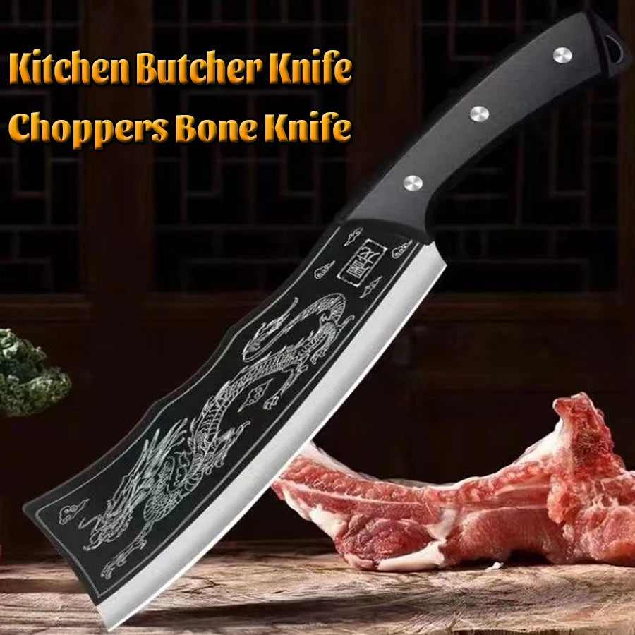 Dragon Pattern Forged Bone Chopping Knife Stainless Steel Meat Cleaver Sharp Knife
