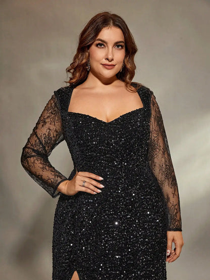 Mgiacy plus size  Queen neckline lace long sleeve slim sequin slit fishtail Dress Evening gown Ball dress Party dress