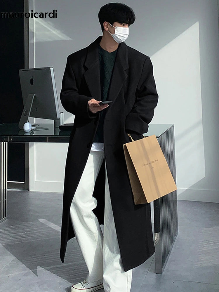 Autumn Winter Long Thick Warm Soft Fitted Woolen Coat Men Single Breasted Cool