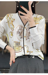 Spring And Autumn Wool Coat Jacket Women's Long Sleeve Wide V-Neck Printed