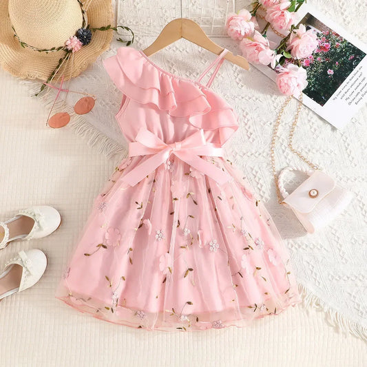 Dress For Kids 2-7 Years old Birthday Ruffled Embroidered Sleeveless Floral Princess