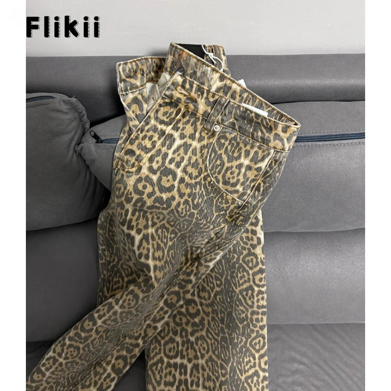 American Retro Leopard High Waist Baggy Jeans Women's Casual Pockets Hip-hop Pants
