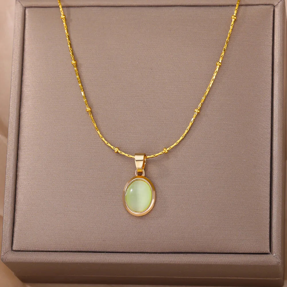 Fashion Stone Opal Oval Necklace For Women Stainless Steel Gold Color Oval Stone