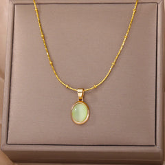 Fashion Stone Opal Oval Necklace For Women Stainless Steel Gold Color Oval Stone