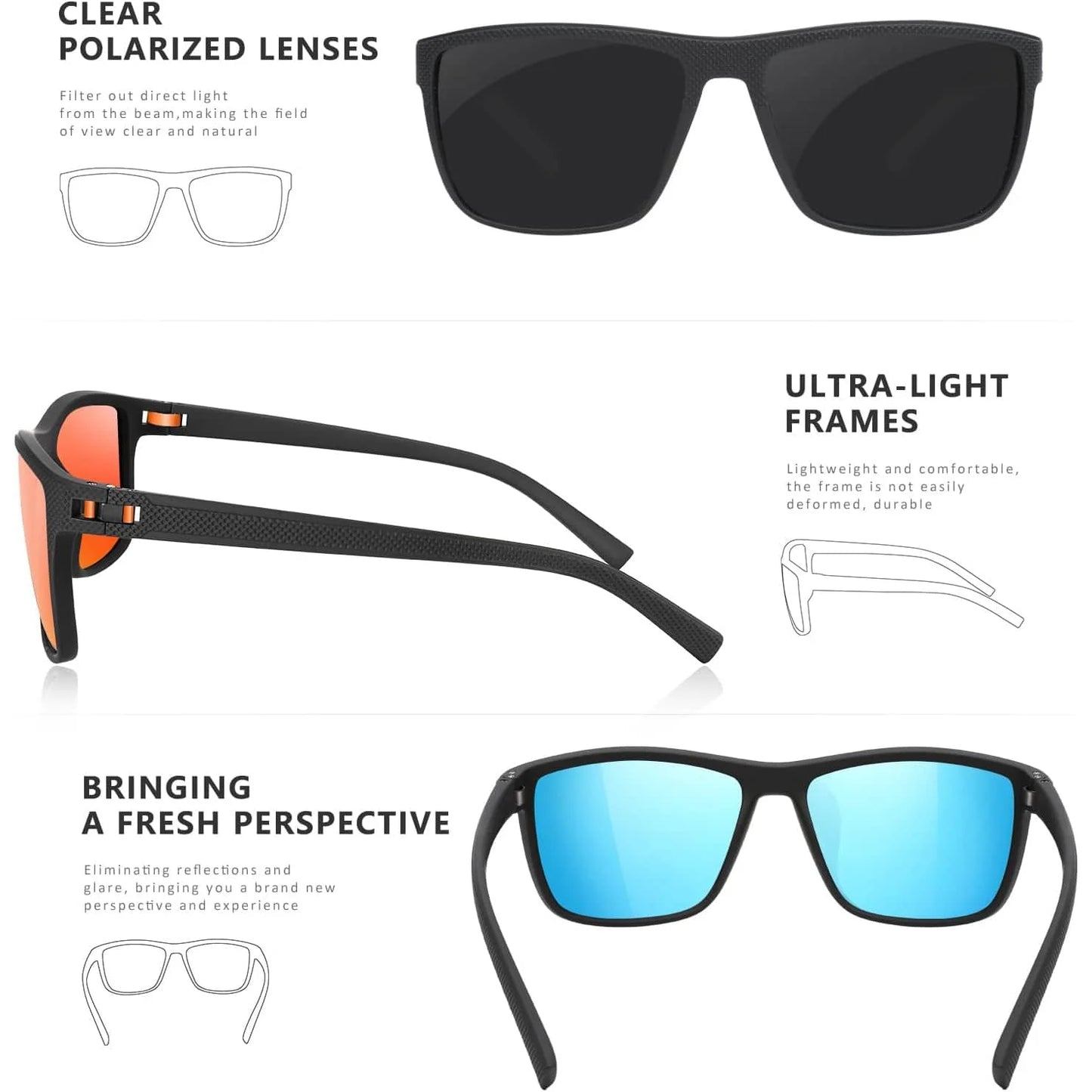Square Polarized Sunglasses for Men Outdoor Fishing Sun Glasses