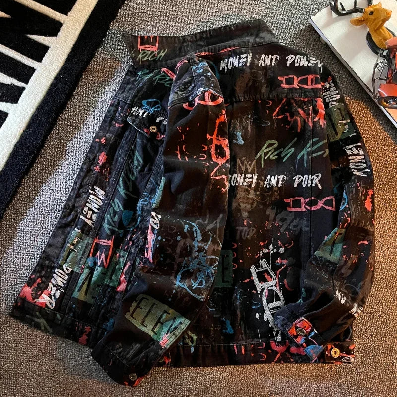 Hip Pop Leter Graffiti Denim Jacket Men's Fashion Spring Punk Wear Korean Jeans Coat