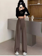 Fashion High Waist Wide Leg Pants Women Spring Fall Baggy Black Trouser Office