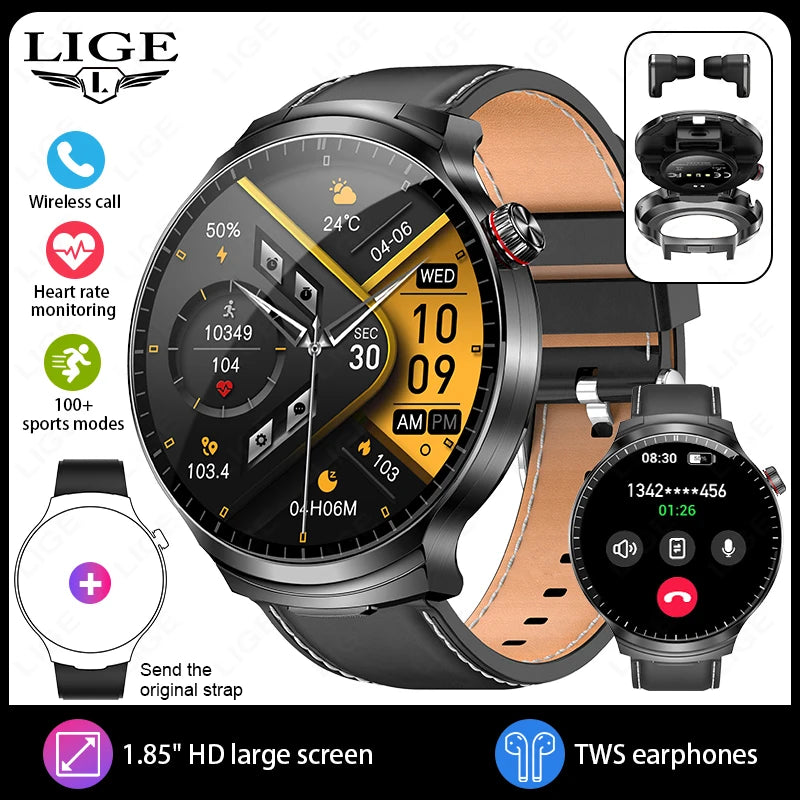 LIGE 2025 New TWS 2-In-1 Headset Smart Watch 1.85" Bluetooth Call Men Earphone Smartwatch Heart Rate Health Monitor Music Watch