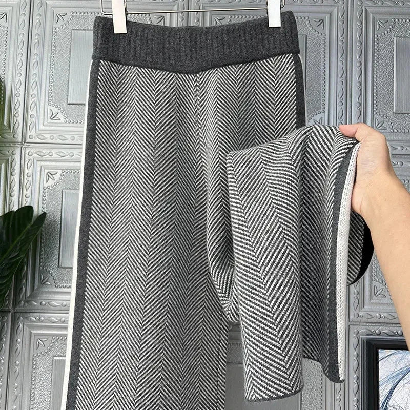 S-3Xl Elegant Woolen Wide Leg Pants Women Korean Fashion Striped Knitted Pants