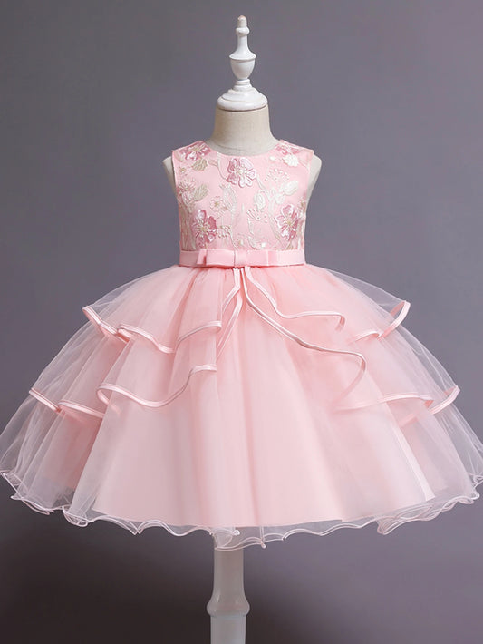 Pink Girl's floral embroidery dress sleeveless slim princess birthday party dress piano performance Wear