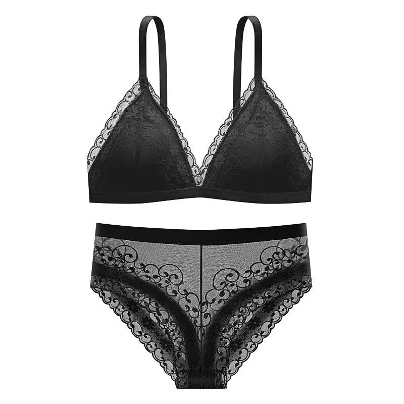 Women Lace Bra Set Deep V Bralette Low Waist Panties Seamless Underwear