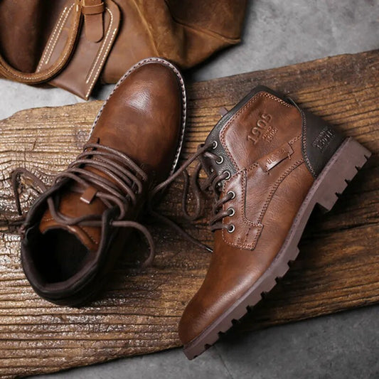 Leather Men Ankle Boots Plus Size High Top Shoes Outdoor Work Casual Shoes Motorcycle Military Combat Boots Fashion Autumn Brown