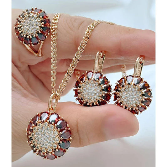 Kinel 585 Rose Gold Color Ethnic Vintage Women 3pcs Jewelry Sets Shiny Red Natural Zircon Ring Earrings Necklace Daily Jewelry
