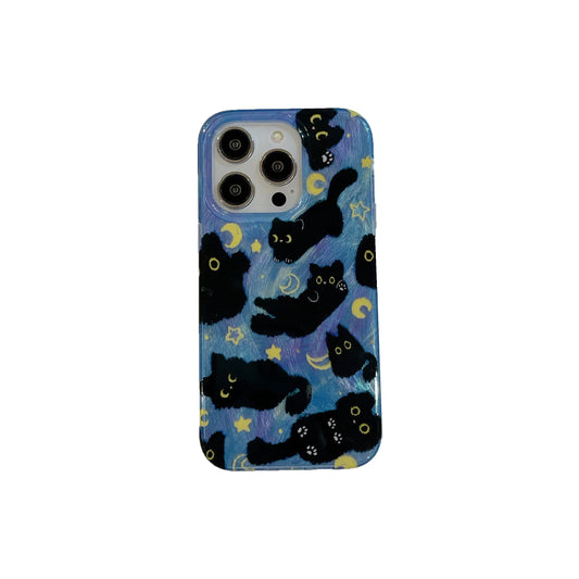 Korean Ins Cute Black Cats Double Layers Wrist Chain Phone Case for iPhone 17 16 15 14 13 12 Pro Max Plus Back Cover