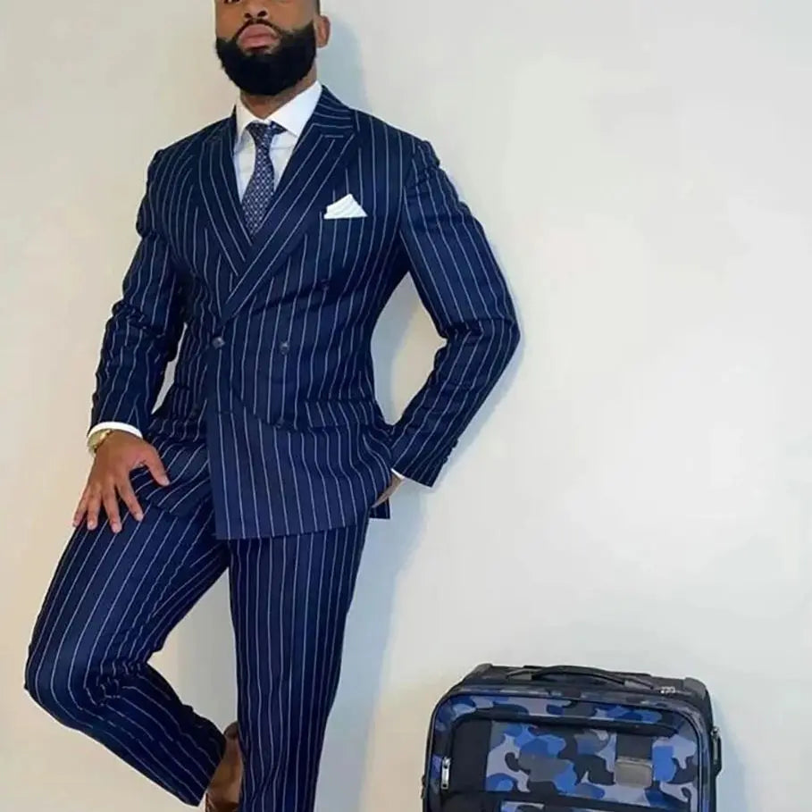 Tuxedo for Mens: Navy Blue Pinstripe Men Suits 2 Pieces Groom Business Tailored Slim Fit
