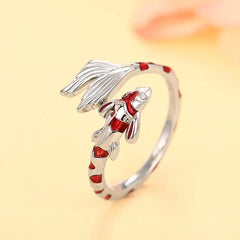 Huitan Creative Red Koi Design Opening Rings for Women Handmade Fish Rings Daily