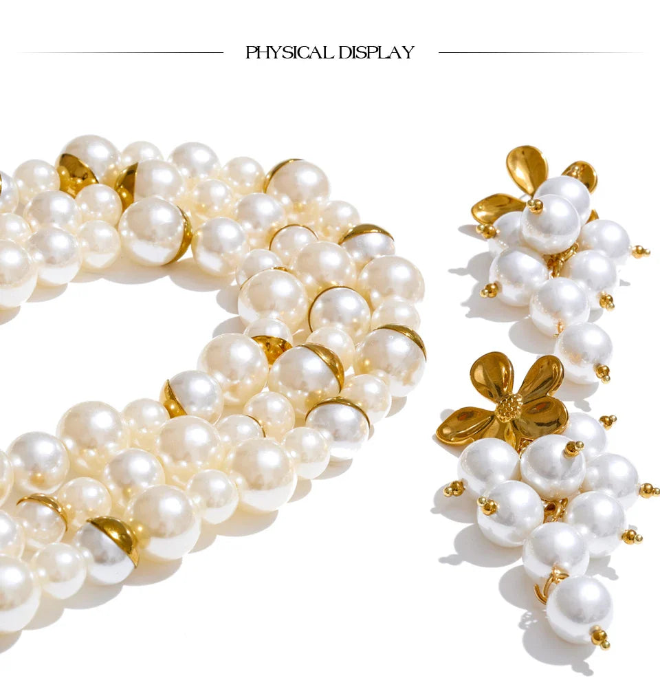 Yhpup Arrivals Handmade Jewelry Simulated Pearls Round Beads Chain Layered Necklace Earrings Stainless Steel Flower Chic Jewelry