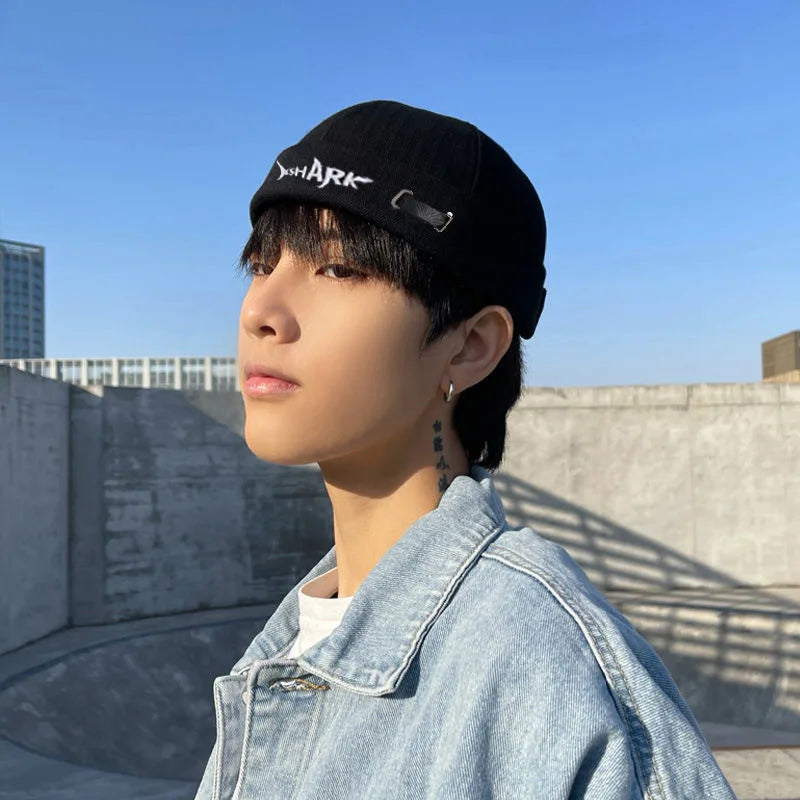 Bocca Embroidery Docker Cap Without Visor Shark Letter Brimless Caps Beanies Dome Adjustable Skullcap Solid Color Fashion Hat