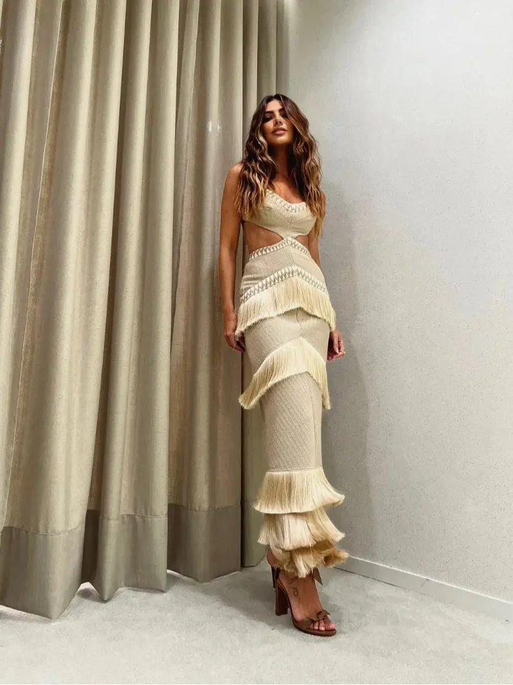 Evening wear Dresses: Sleeveless Tassel Splicing Long Dress For Women