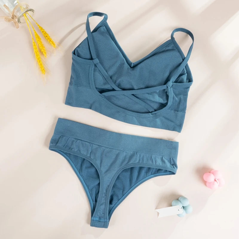 Women Top Panties Set Cotton Tops Low Waist Briefs Underwear Set Comfortable Soft