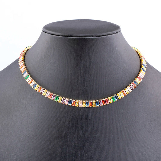 Nidin Classic Colorful Tennis Necklace Men and Women Rectangular Full Zircon Neck