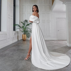 A-Line Short Wedding Dresses Off The Shoulder Bride Dress Detachable