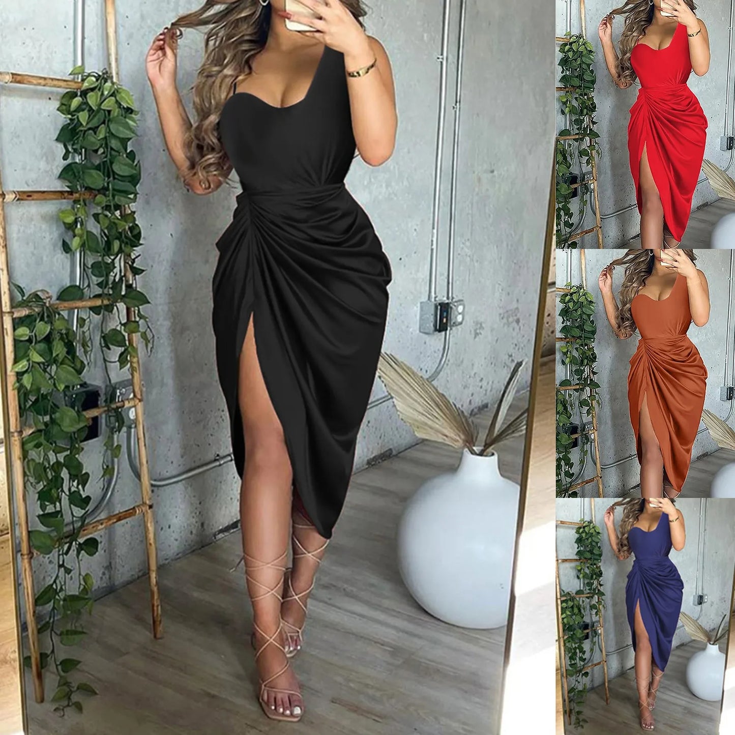 Evening wear Dresses: Women Dresses Slit Maxi Smocked One Shoulder