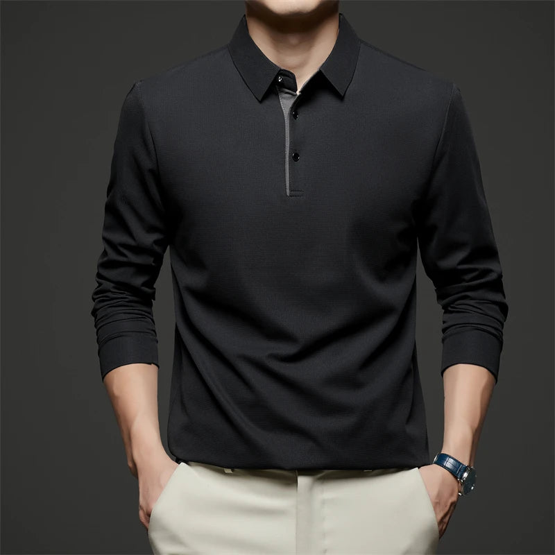 New Men's Business Casual  Long Sleeve Solid Color Polo Shirt Fashionable Warm Comfortable Four Seasons Versatile Top
