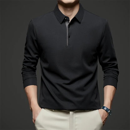 New Men's Business Casual  Long Sleeve Solid Color Polo Shirt Fashionable Warm Comfortable Four Seasons Versatile Top