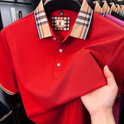 High end silky cotton breathable short sleeve polo shirt men's summer new trend plaid lapel designer brand casual golf T-shirt