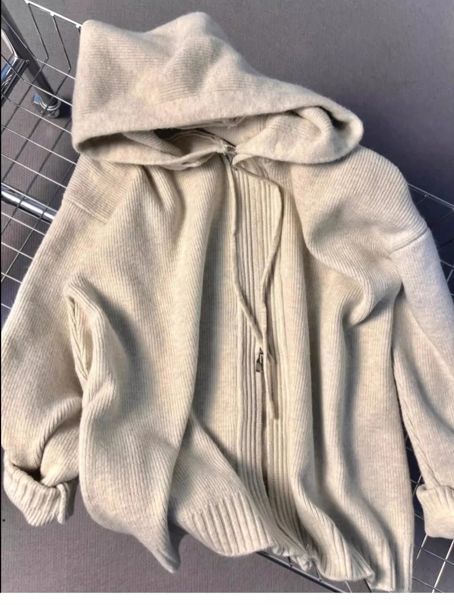 Gray Hooded Sweater Coat Women Spring Autumn Double Zipper Long Sleeve