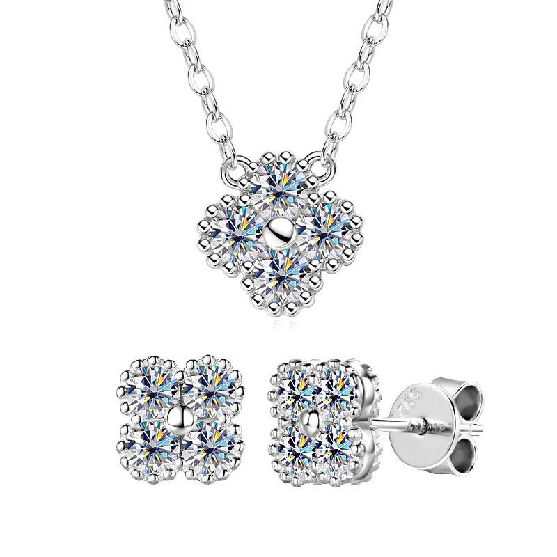 18k Gold Plated 925 Silver 3mm Moissanite Necklace Earrings Bracelet Sets 3 In 1 Clover Flower Charm Jewelry Set for Women Gift