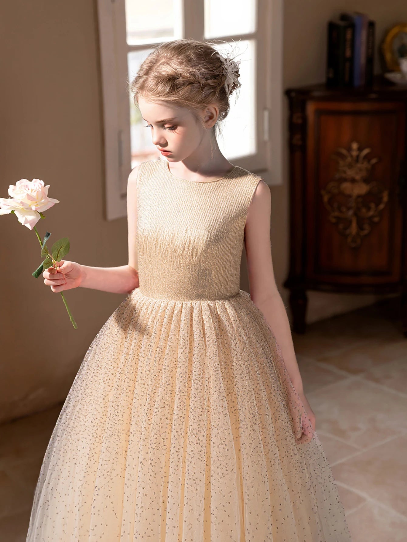 Girl Princess Dress High-end Champagne Sequined Dress for Girls Wedding Birthday Party Puffy Gauze Skirt Bridesmaid Dresses