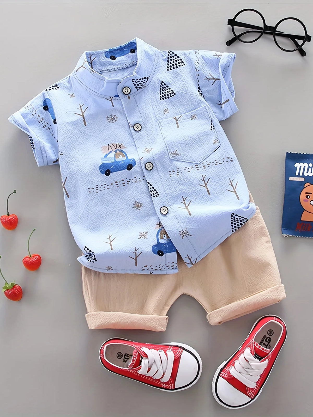 Infant and toddler summer full print bear driving pattern short sleeved shorts set for outdoor standing collar shirt fashion two