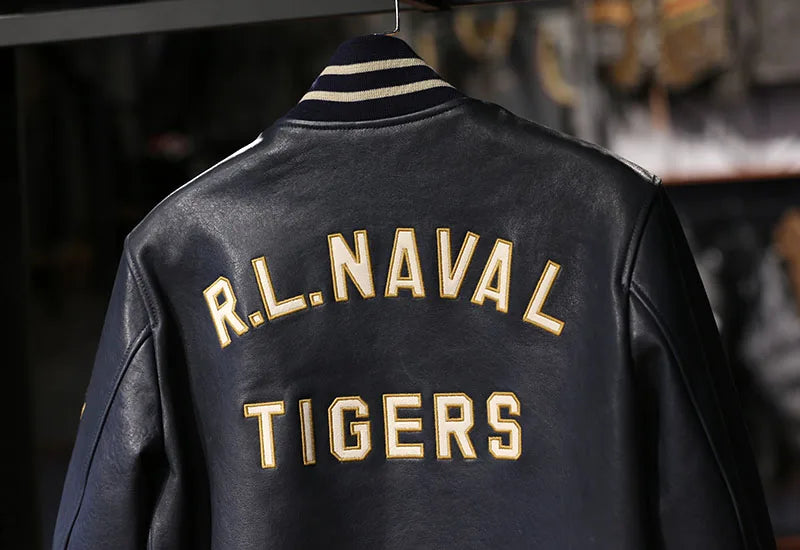 Men's stand collar real leather jacket baseball tiger embroidery vegetable