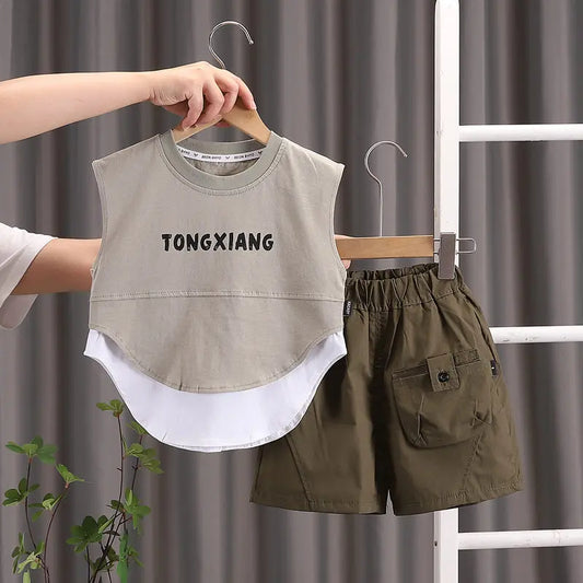 Summer Cartoon Print Baby Boys Girls Cotton Sport Letter Vest Shorts Set Toddler Kids Casual Tracksuit Infant Clothing Set