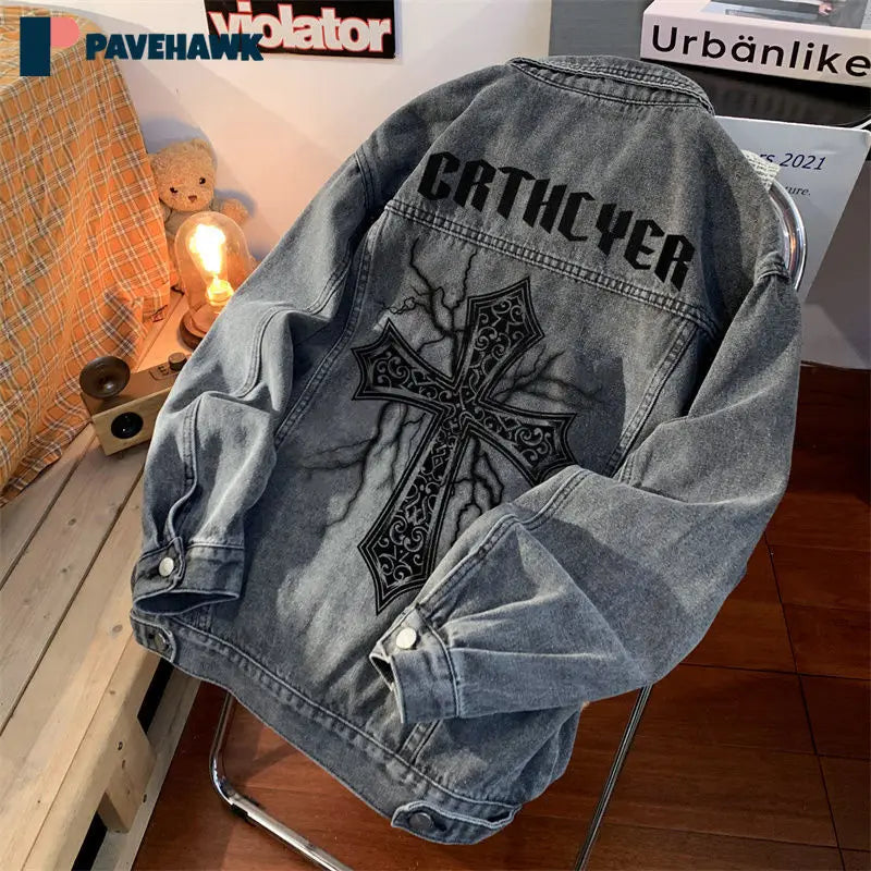Cross Letter Printed Denim Jacket Man Woman American High Street Spring Lapel  Coats