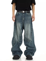 Twisted Seam Men Baggy Jeans, Retro Blue Whiskers Patchwork