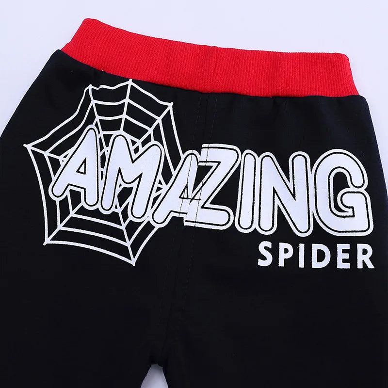 3pcs Cartoon Print Spiderman Cosplay Costume Autumn Kids Boys Sleeveless Hooded Vest +T Shirt+Pant Tracksuit Children Outfits