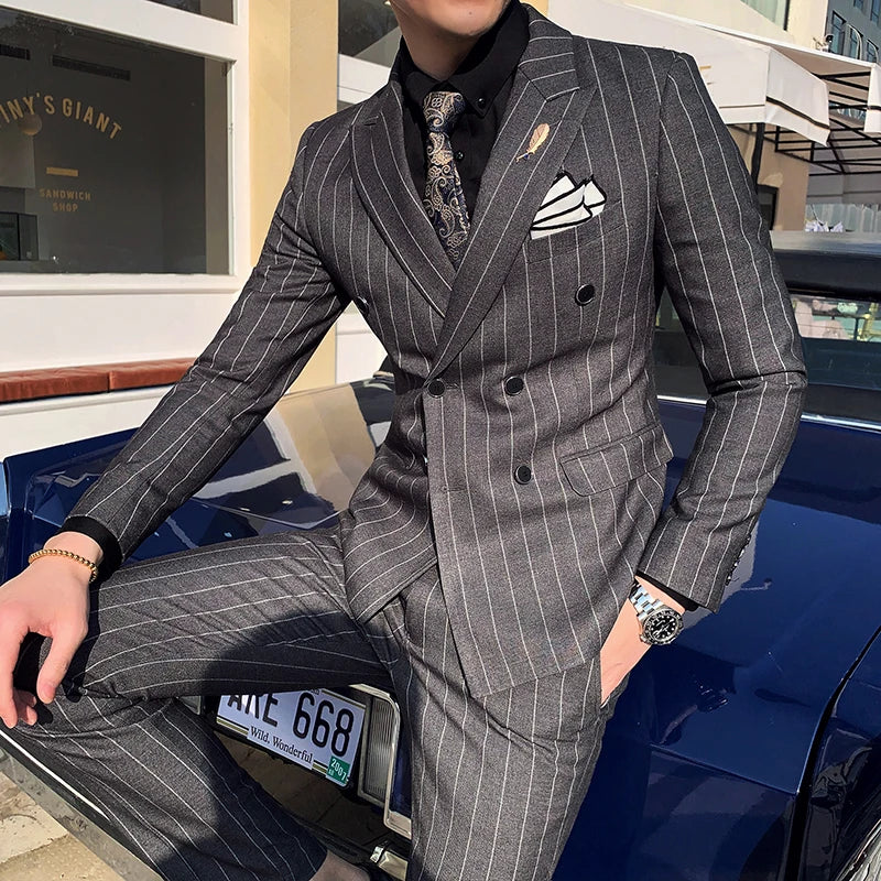 Tuxedo for Mens: Men's Striped Wedding Casual Tuxedo Men's British Slim Suit 2pcs